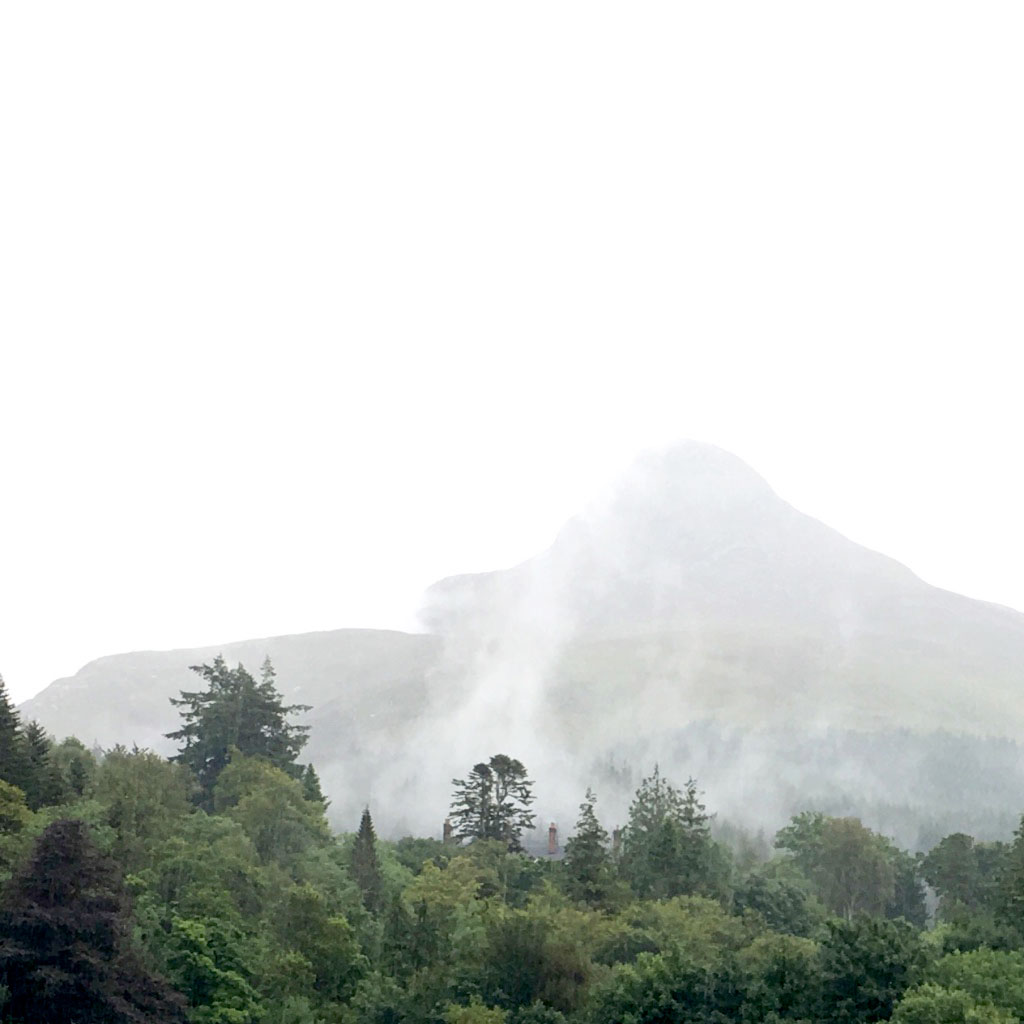 Nebel zwischen Bergen und Wäldern
